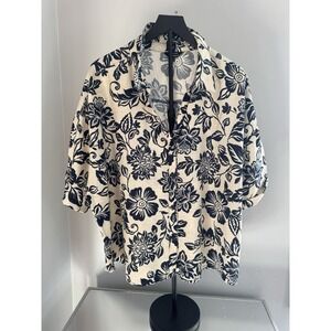 Mlle Gabrielle 3X Floral Button Front Blouse Navy Cream Boho Cottagecore